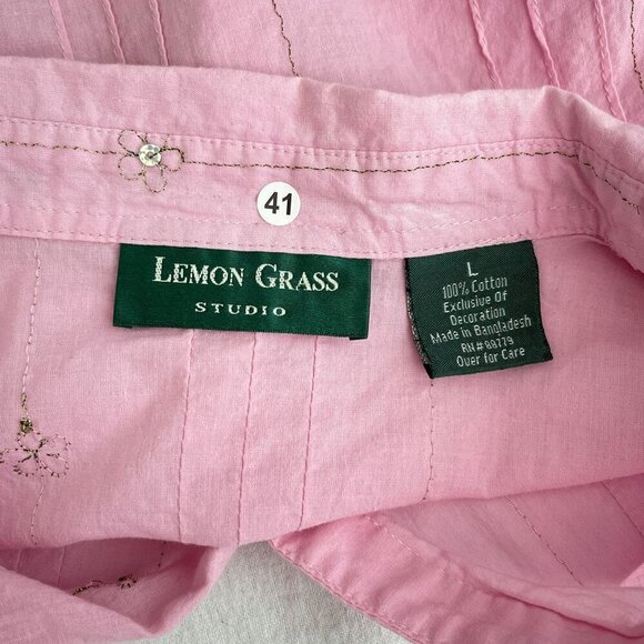 Y2K Cotton Womens Pink Embroidered Button-Up Shirt Lemon Grass Studio Size L - Picture 3 of 10